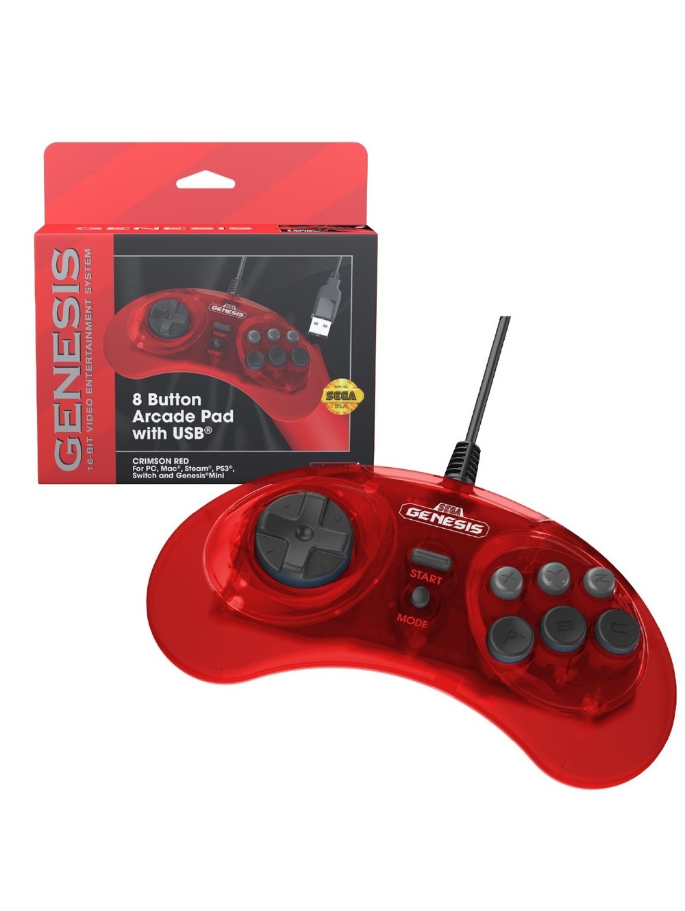 SEGA Genesis 8-Button Wired USB Controller - Crimson Red